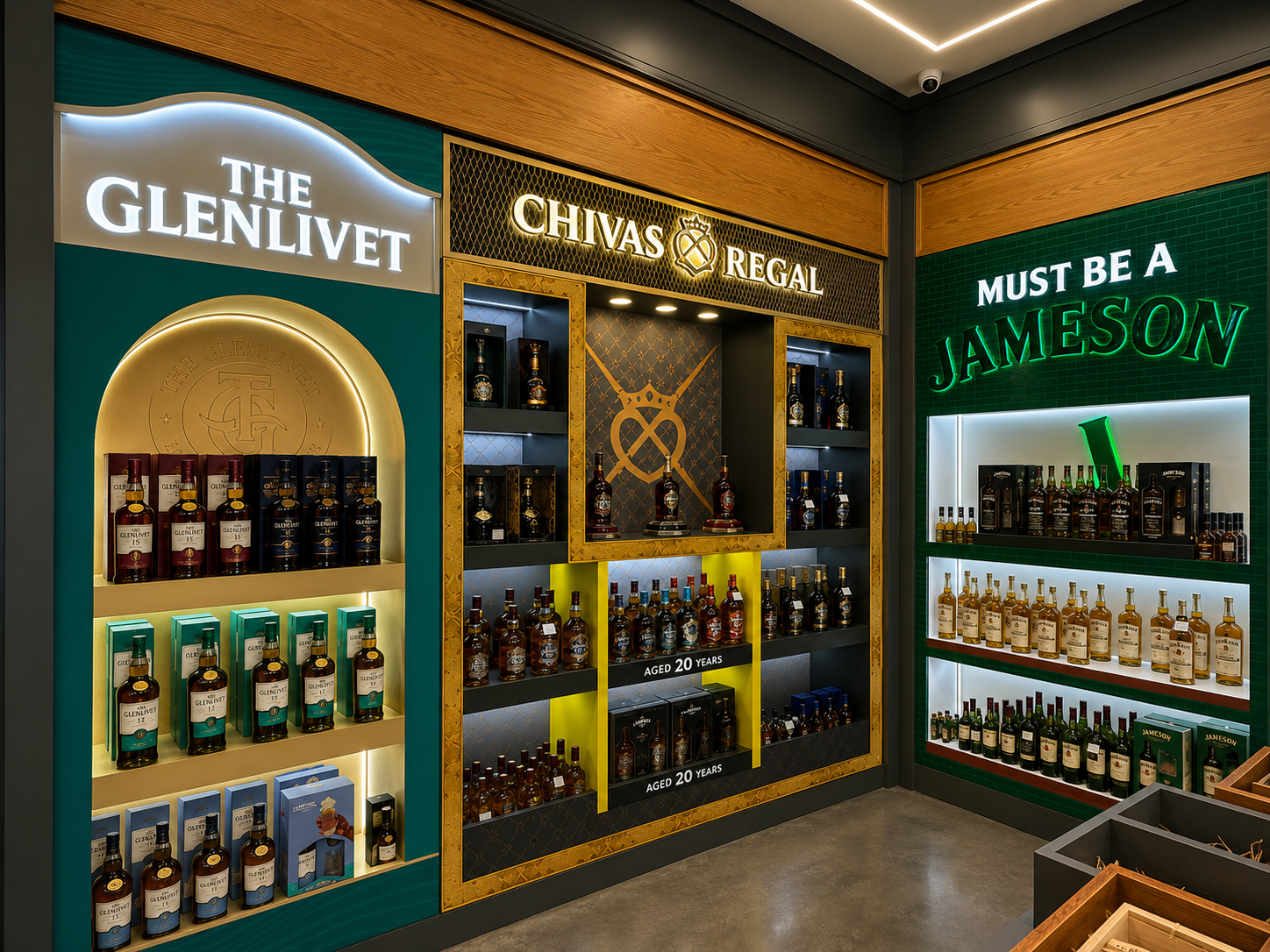 The Glenlivet, Chival Regal and Jameson